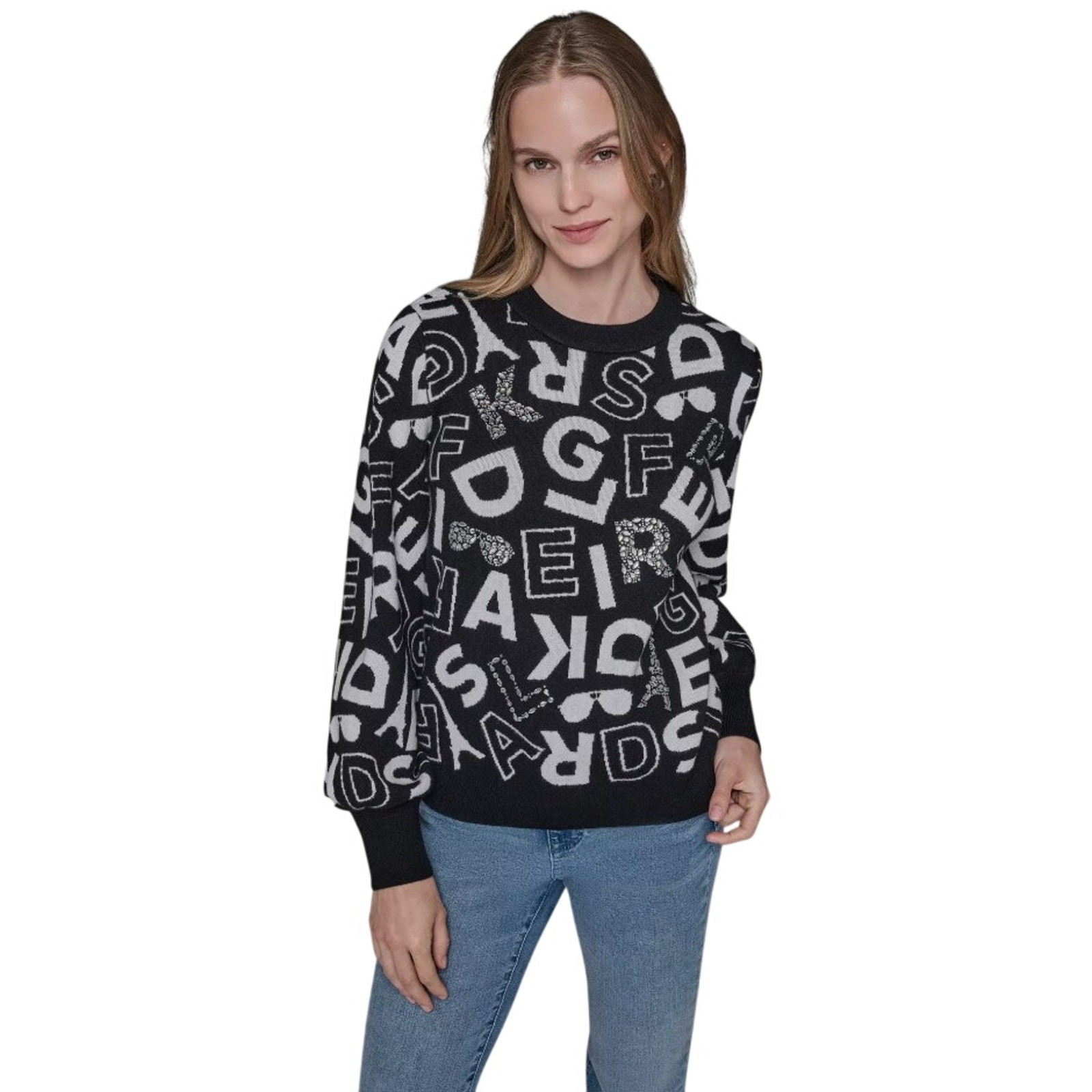 Karl Lagerfeld Paris Women Black/White Logo Embellished Viscose Sweater Size L